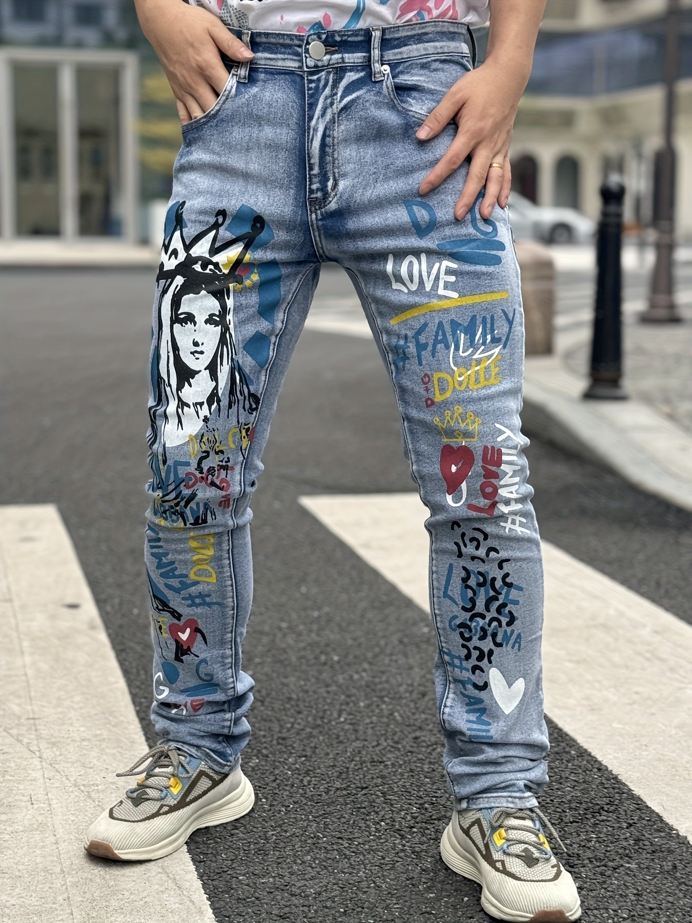 Men's Slim-Fit Stretch Jeans with Skull & Flame Print – Trendy 3D Ripped Denim, Street Style for All Seasons, Distressed Blue Jeans with Bold Black Skull Design, Comfortable Cotton Blend, Perfect for Young Men