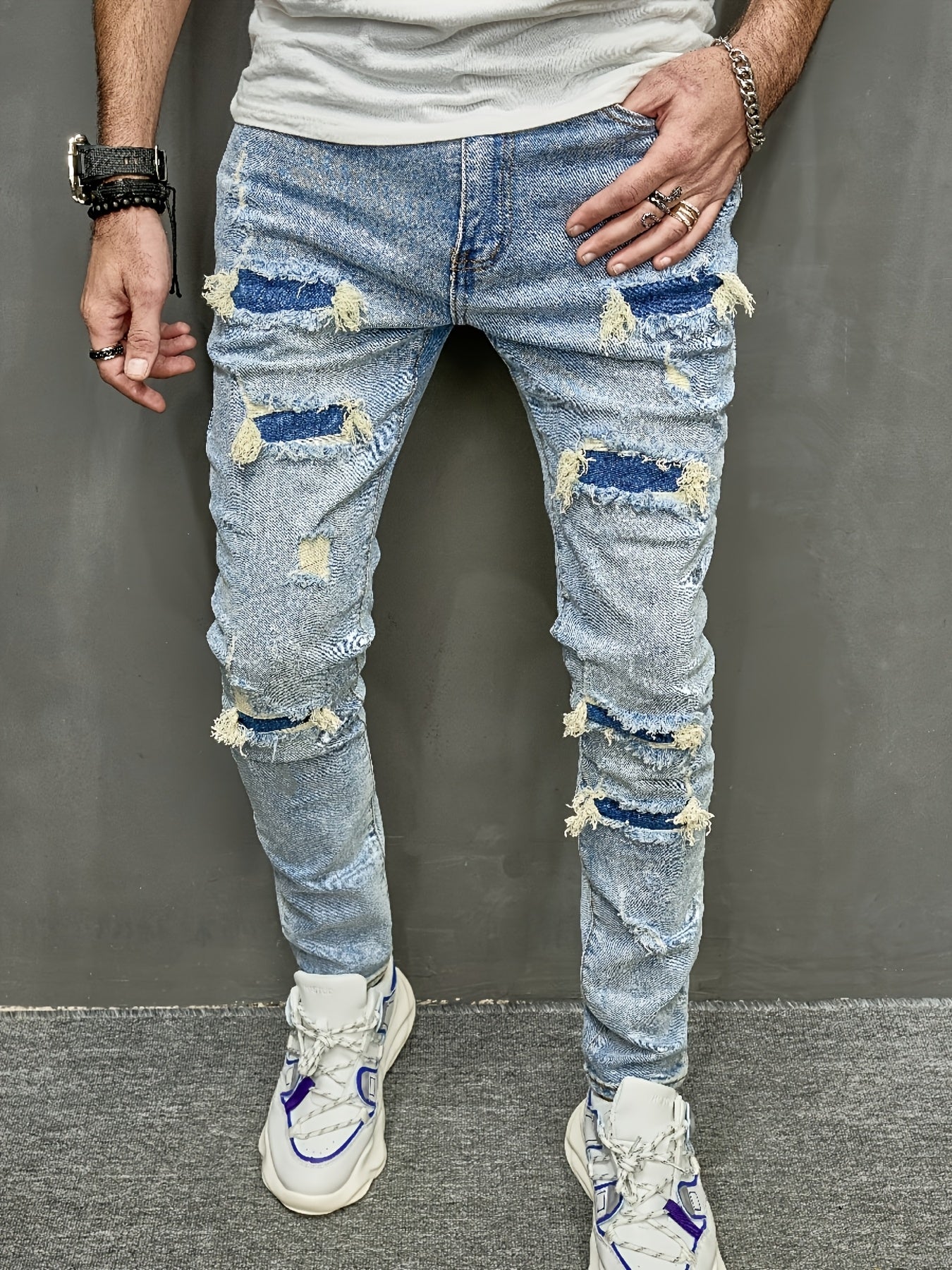 1pc Men'S Skinny Fit Ripped Denim Jeans - Solid Color, Medium Stretch, All-Season, Woven Casual Pants with Raw Wash Detail