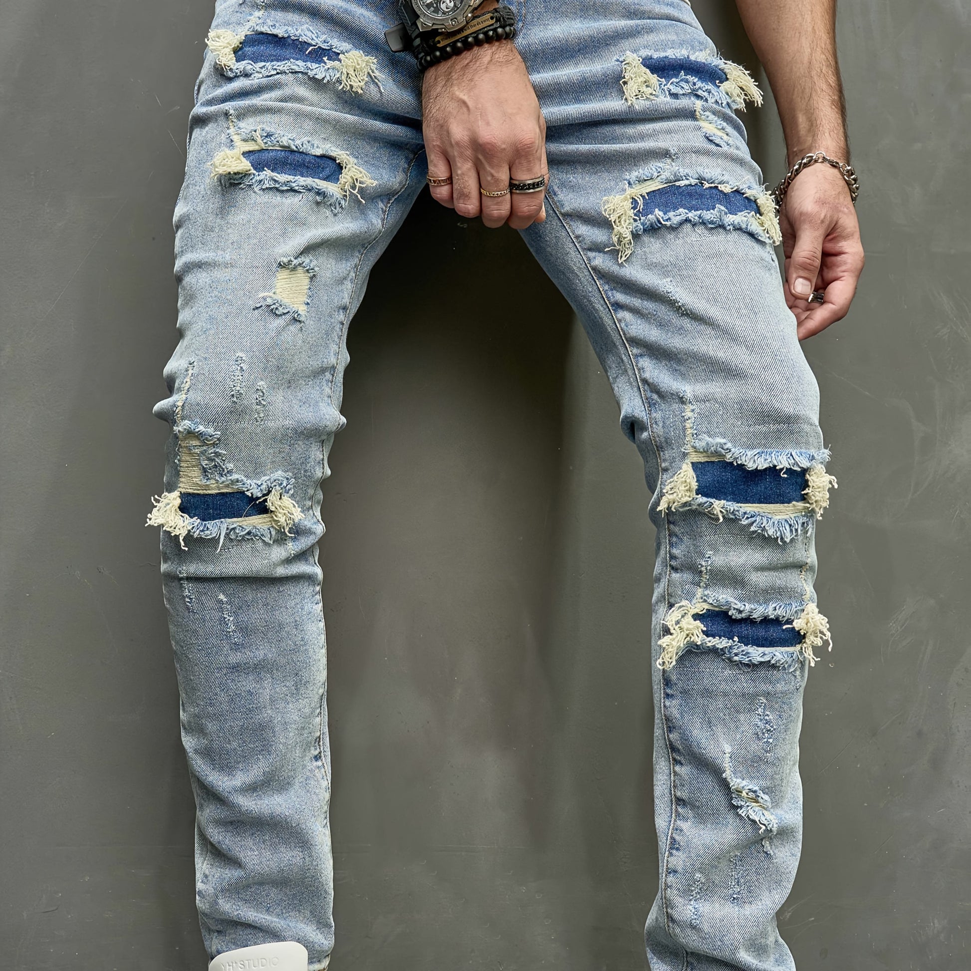 1pc Men'S Skinny Fit Ripped Denim Jeans - Solid Color, Medium Stretch, All-Season, Woven Casual Pants with Raw Wash Detail