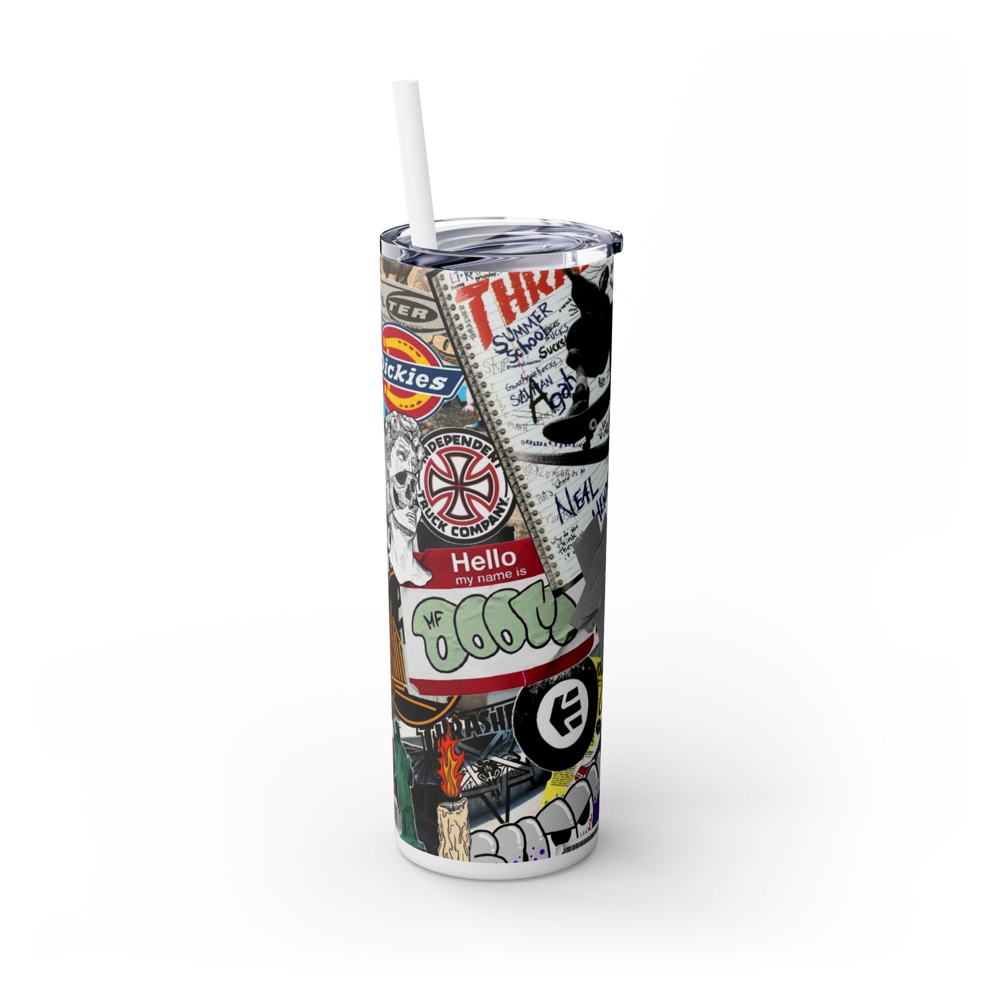 Retro Sticker Skinny Tumbler with Straw - 20oz Water Bottle