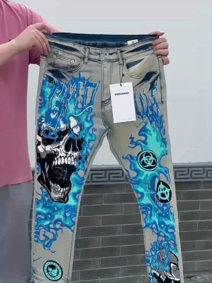 European And American Printed Graffiti Distressed Washed And Distressed Jeans