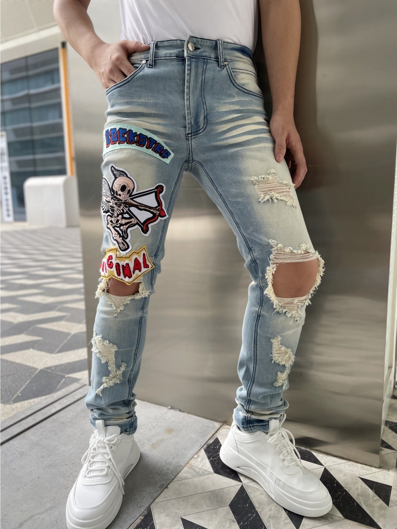 Men's Slim-Fit Stretch Denim Jeans with Embroidered "RELAXED" Badge & Ripped Detailing - Light Blue, All-Season Comfort, Cotton Blend, Slim Fit, Hand Wash or Dry Clean