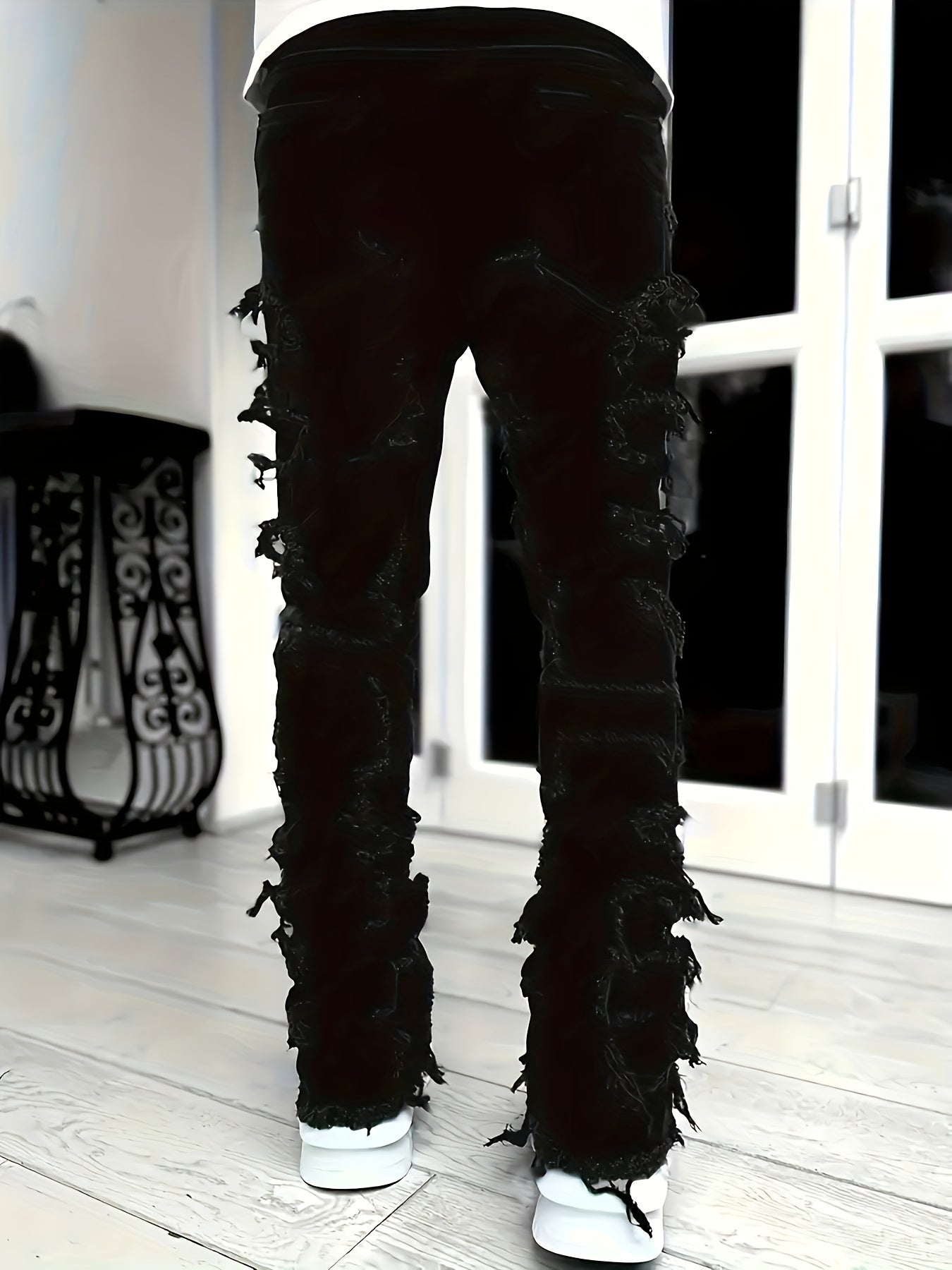 Men'S Slim And Slim Creative Tassel Decorated Straight Jeans, Casual Elastic Street Style Hip-hop Skateboarding Rap Jeans For All Seasons.