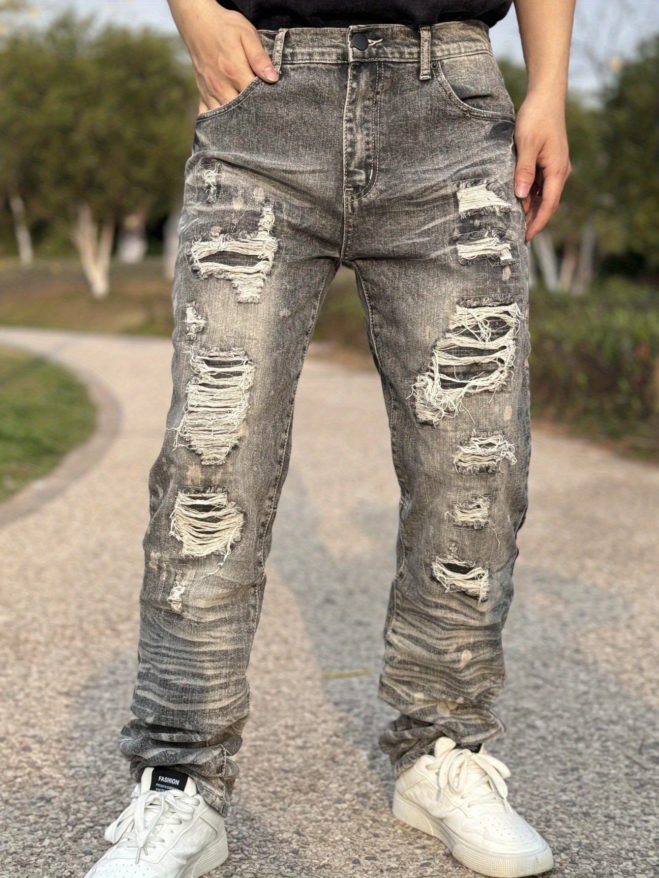 Men's Stretch Slim-Fit Ripped Jeans - Y2K Streetwear Style with 3D Embroidered Cat Beard Detail, Water-Washed Denim & Straight Leg Cut for All-Season Comfort, Casual Streetwear