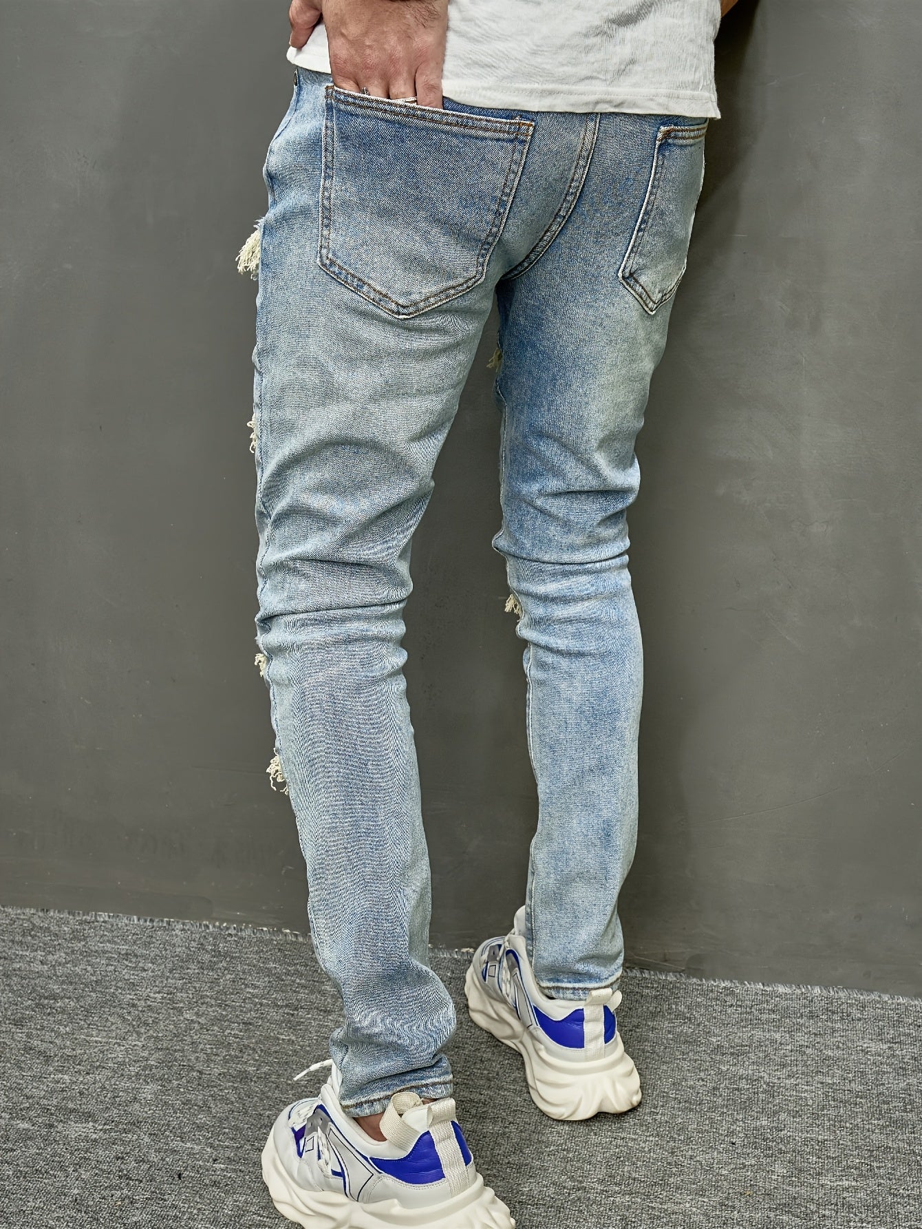 1pc Men'S Skinny Fit Ripped Denim Jeans - Solid Color, Medium Stretch, All-Season, Woven Casual Pants with Raw Wash Detail