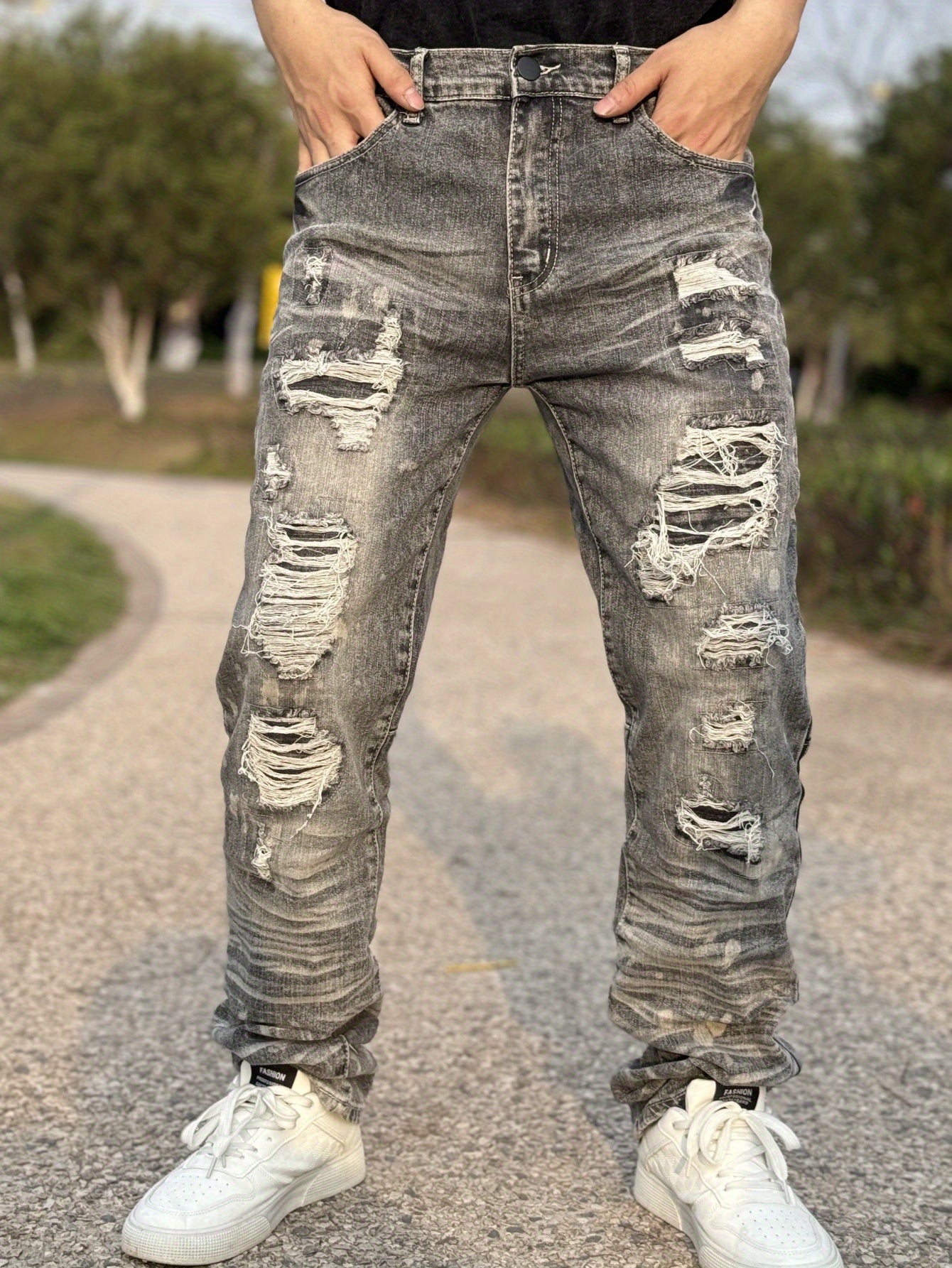 Men's Stretch Slim-Fit Ripped Jeans - Y2K Streetwear Style with 3D Embroidered Cat Beard Detail, Water-Washed Denim & Straight Leg Cut for All-Season Comfort, Casual Streetwear
