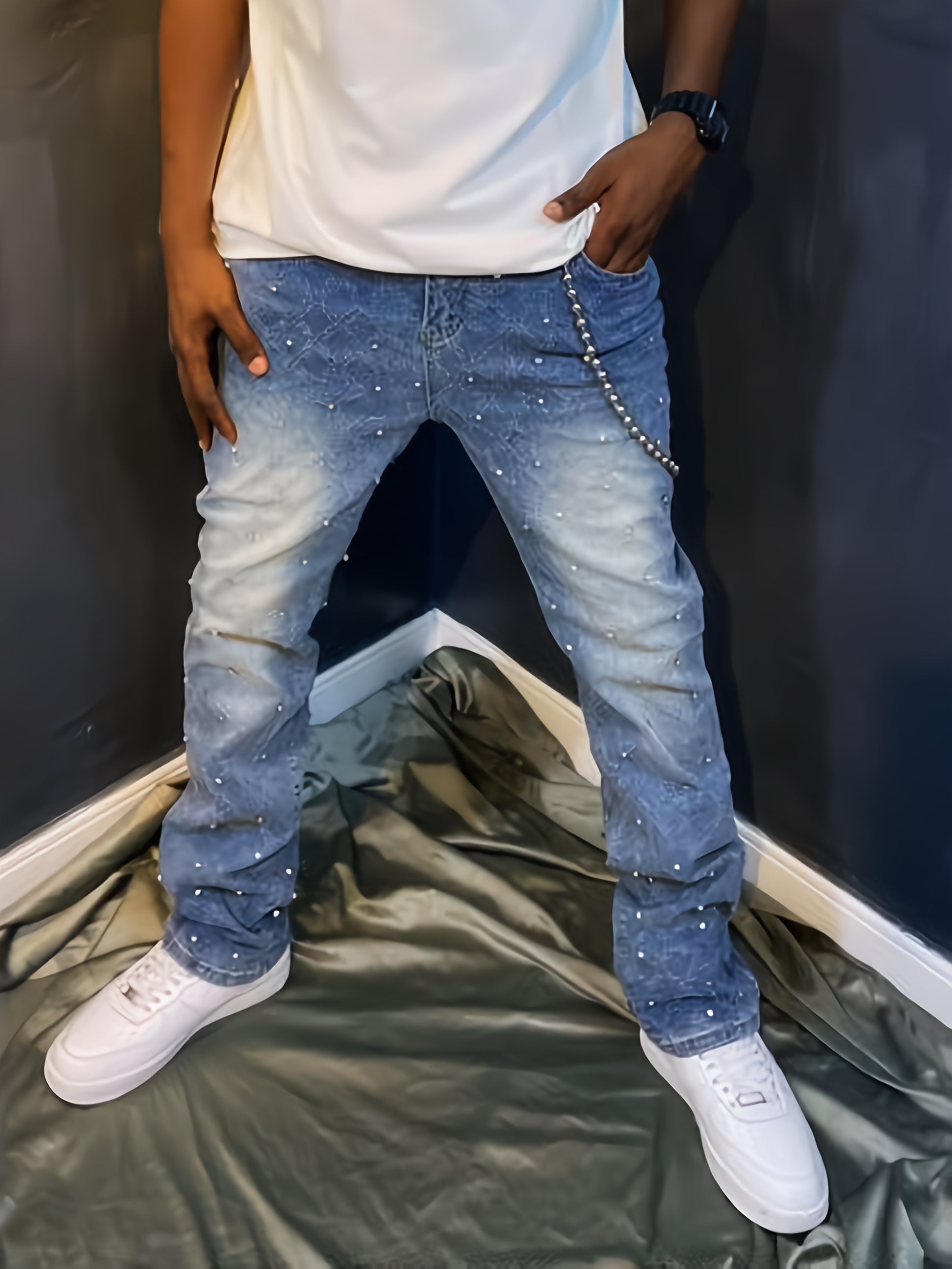 [Tie-Dye Street Style Jeans] Stretch Tie-Dye Jeans - Casual Street Style, Hip-Hop Skateboard Denim, Cotton Blend, Decorative Rivets, All-Season Wear