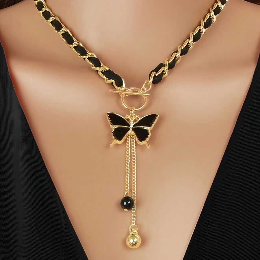 1pc Women's Black Butterfly Pendant Necklace, Bohemian Elegance with Tassel Pendant Necklace, Chain Jewelry for Daily Wear