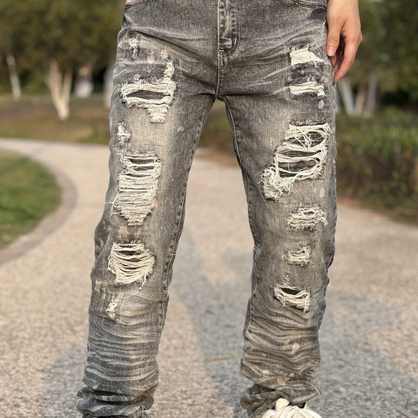 Men's Stretch Slim-Fit Ripped Jeans - Y2K Streetwear Style with 3D Embroidered Cat Beard Detail, Water-Washed Denim & Straight Leg Cut for All-Season Comfort, Casual Streetwear