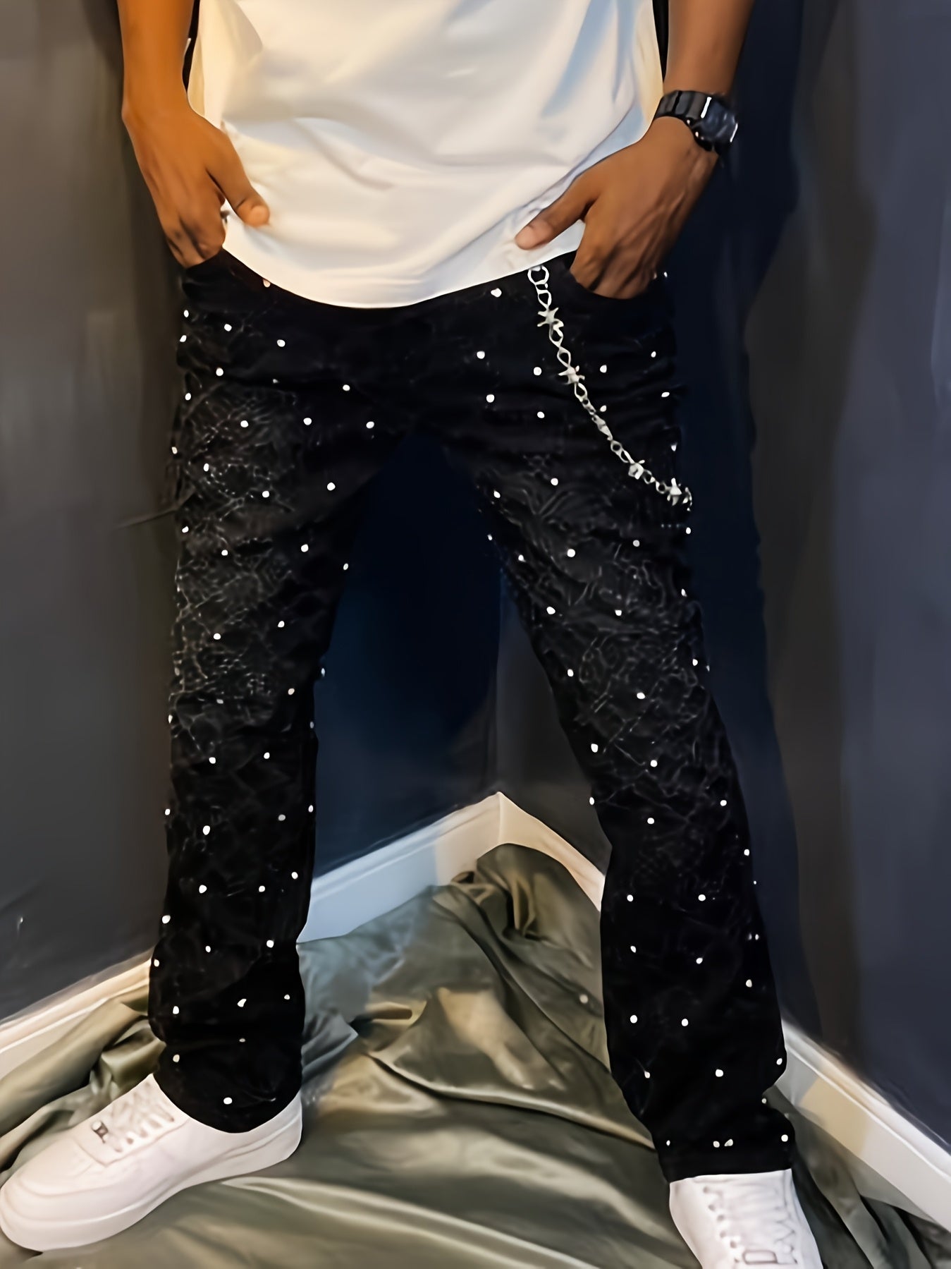[Tie-Dye Street Style Jeans] Stretch Tie-Dye Jeans - Casual Street Style, Hip-Hop Skateboard Denim, Cotton Blend, Decorative Rivets, All-Season Wear