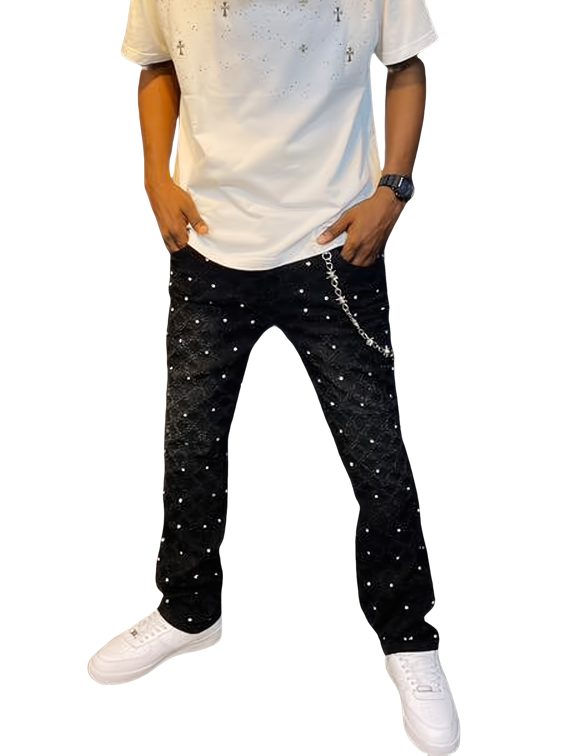 [Tie-Dye Street Style Jeans] Stretch Tie-Dye Jeans - Casual Street Style, Hip-Hop Skateboard Denim, Cotton Blend, Decorative Rivets, All-Season Wear