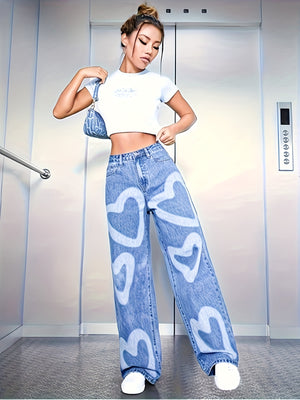 Women's High-Waist Light Blue Heart Print Straight Leg Jeans - Cute Loose Fit Denim, Valentine's Day Gift, Casual & Stylish Design, Casual Denim Wear | Straightleg Style | Nonstretch Fabric