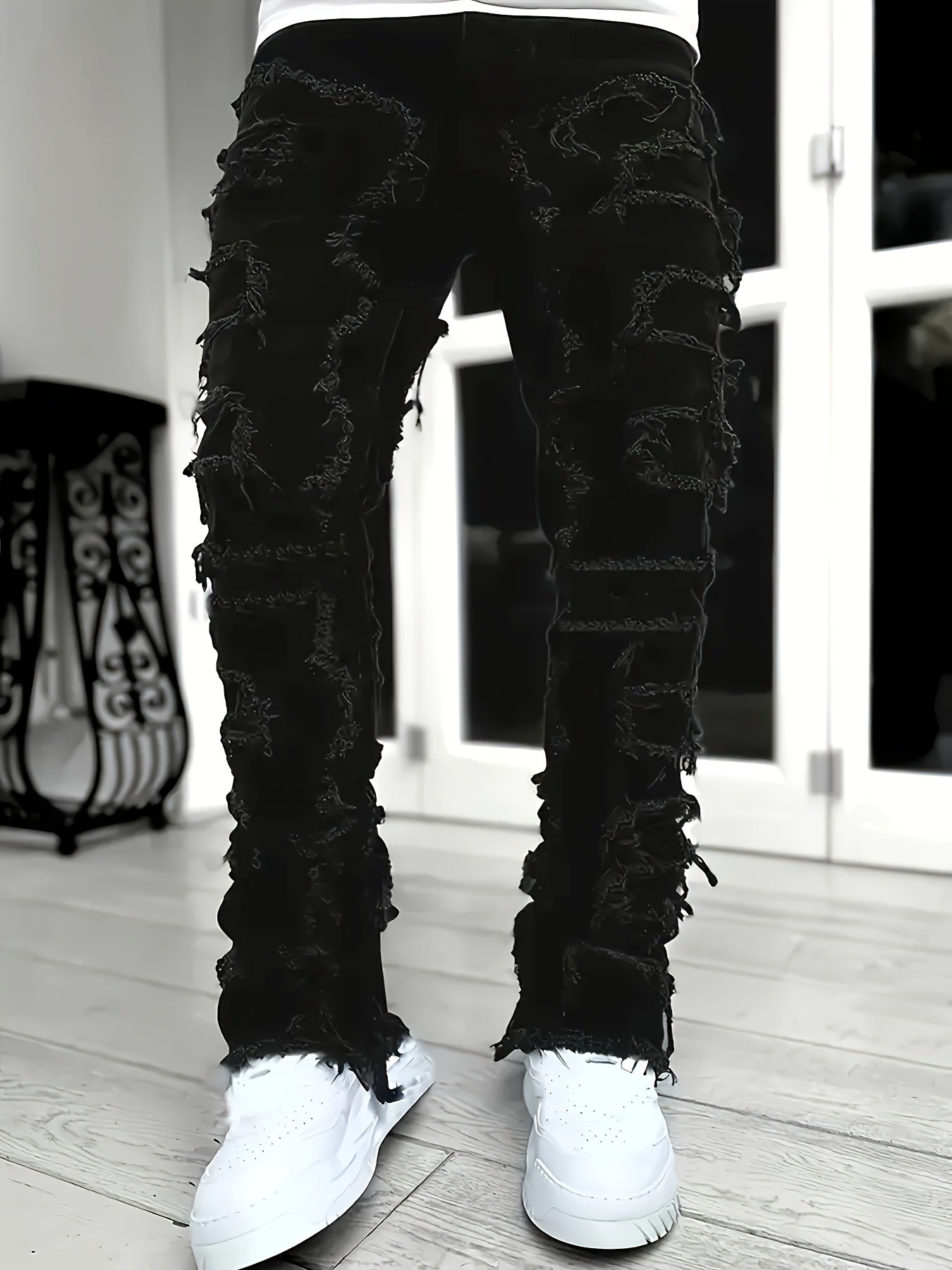 Men'S Slim And Slim Creative Tassel Decorated Straight Jeans, Casual Elastic Street Style Hip-hop Skateboarding Rap Jeans For All Seasons.