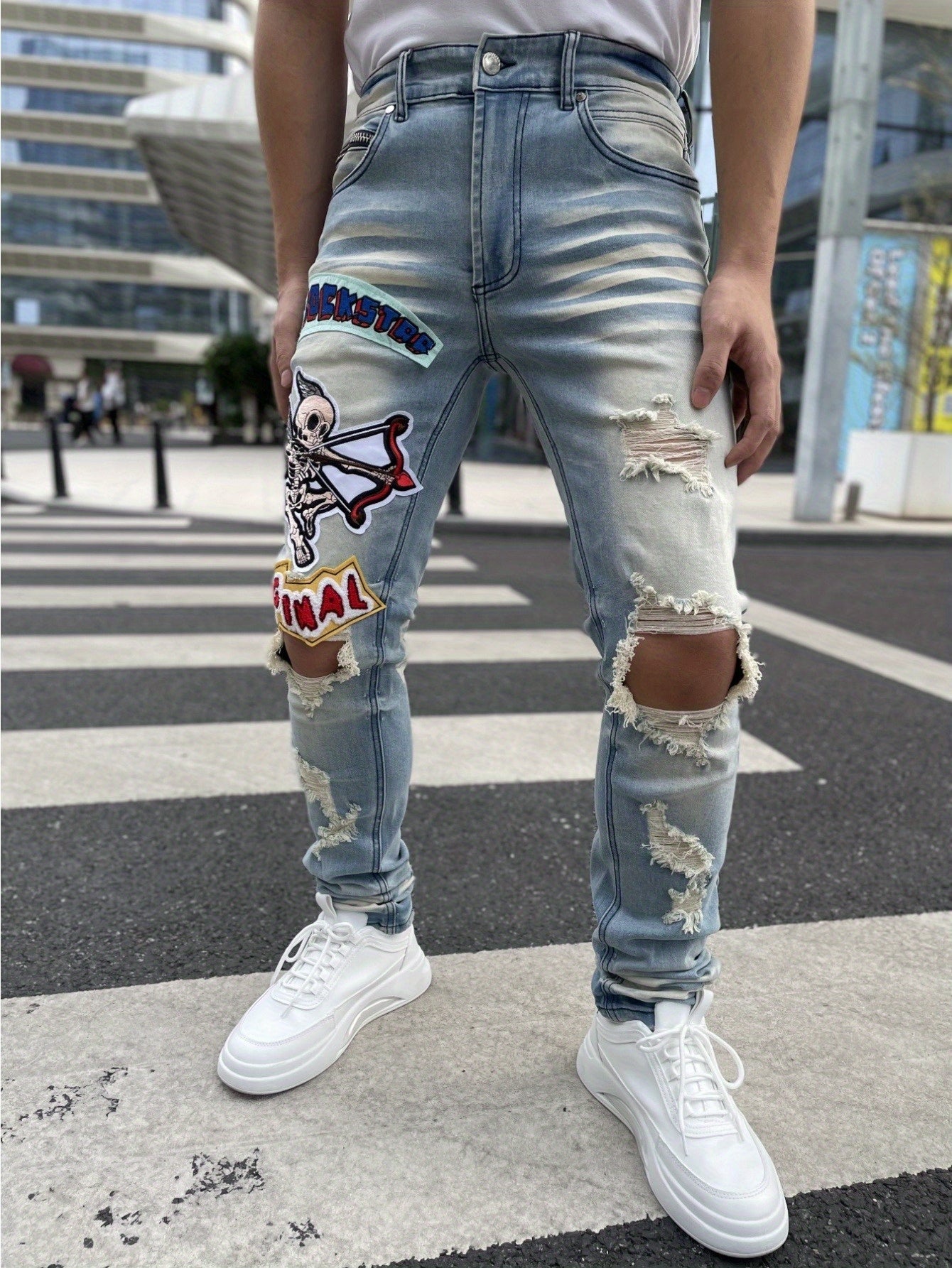 Men's Slim-Fit Stretch Denim Jeans with Embroidered "RELAXED" Badge & Ripped Detailing - Light Blue, All-Season Comfort, Cotton Blend, Slim Fit, Hand Wash or Dry Clean