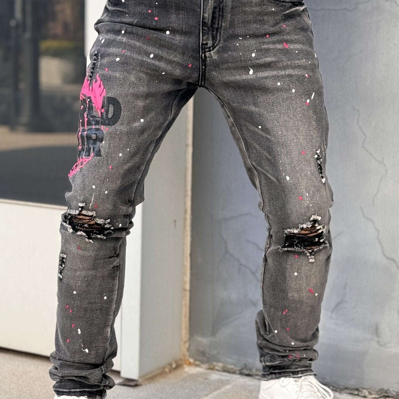 Men's Slim-Fit Stretch Jeans - Trendy Street Style with Unique Hand-Printed Design, Ripped Details & "GOOD" Lettering, Comfortable Cotton Blend for All Seasons