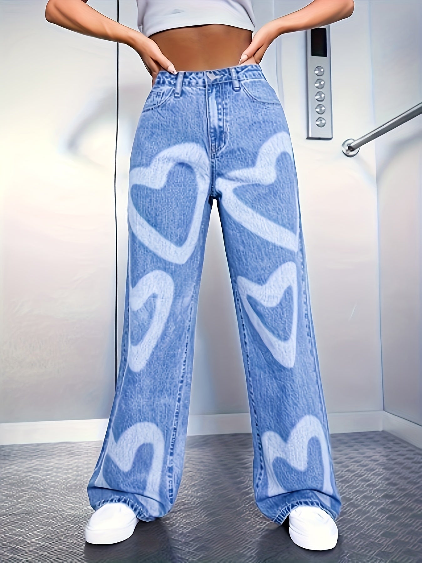 Women's High-Waist Light Blue Heart Print Straight Leg Jeans - Cute Loose Fit Denim, Valentine's Day Gift, Casual & Stylish Design, Casual Denim Wear | Straightleg Style | Nonstretch Fabric