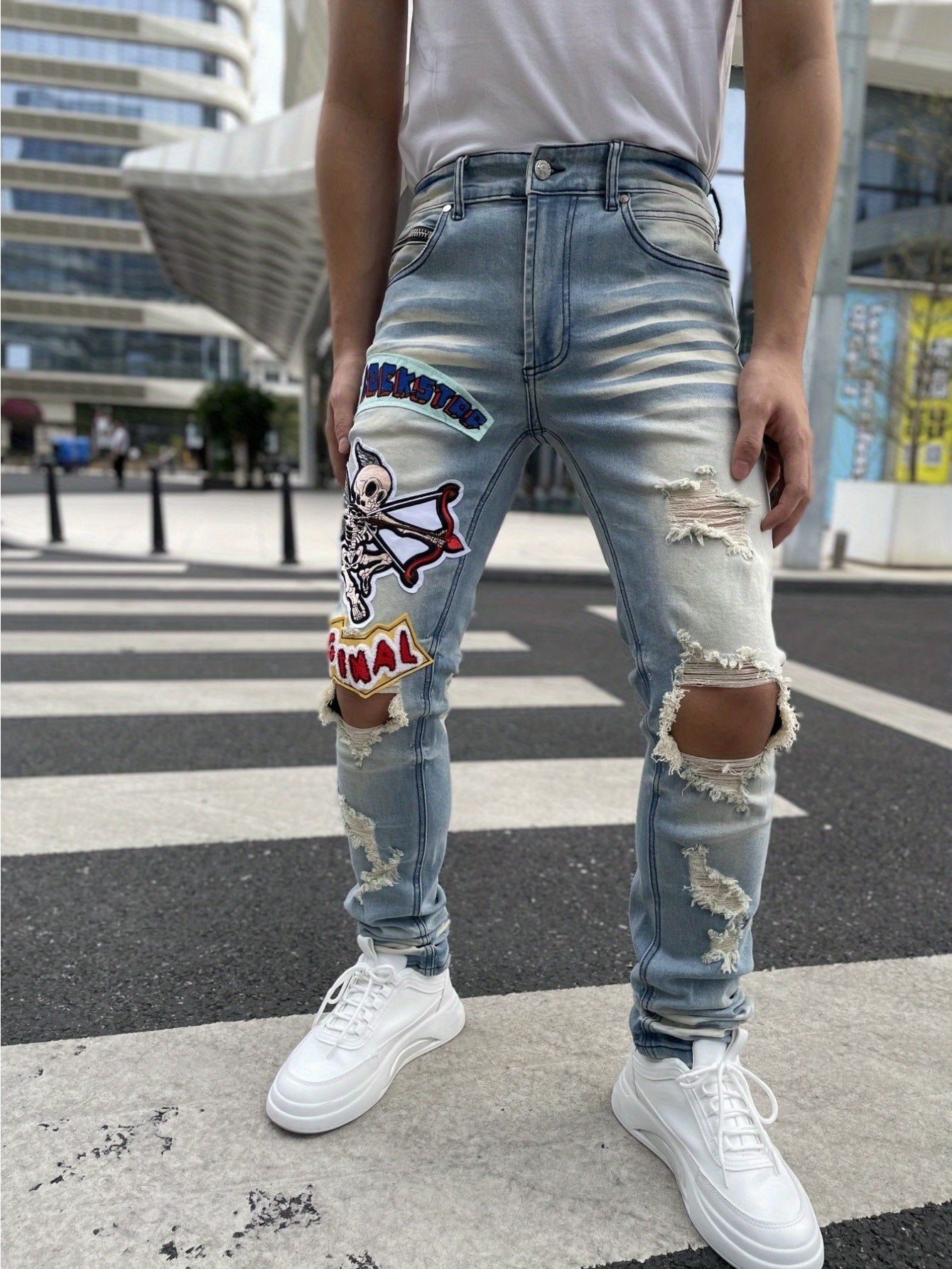 Men's Slim-Fit Stretch Denim Jeans with Embroidered "RELAXED" Badge & Ripped Detailing - Light Blue, All-Season Comfort, Cotton Blend, Slim Fit, Hand Wash or Dry Clean