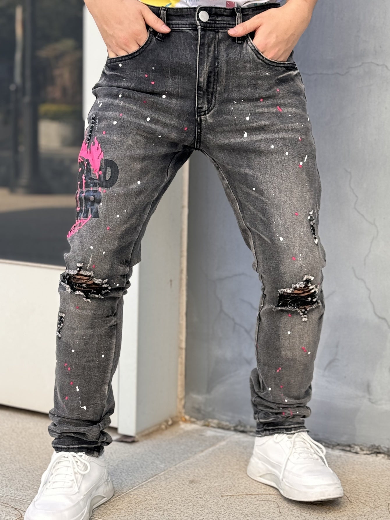 Men's Slim-Fit Stretch Jeans - Trendy Street Style with Unique Hand-Printed Design, Ripped Details & "GOOD" Lettering, Comfortable Cotton Blend for All Seasons