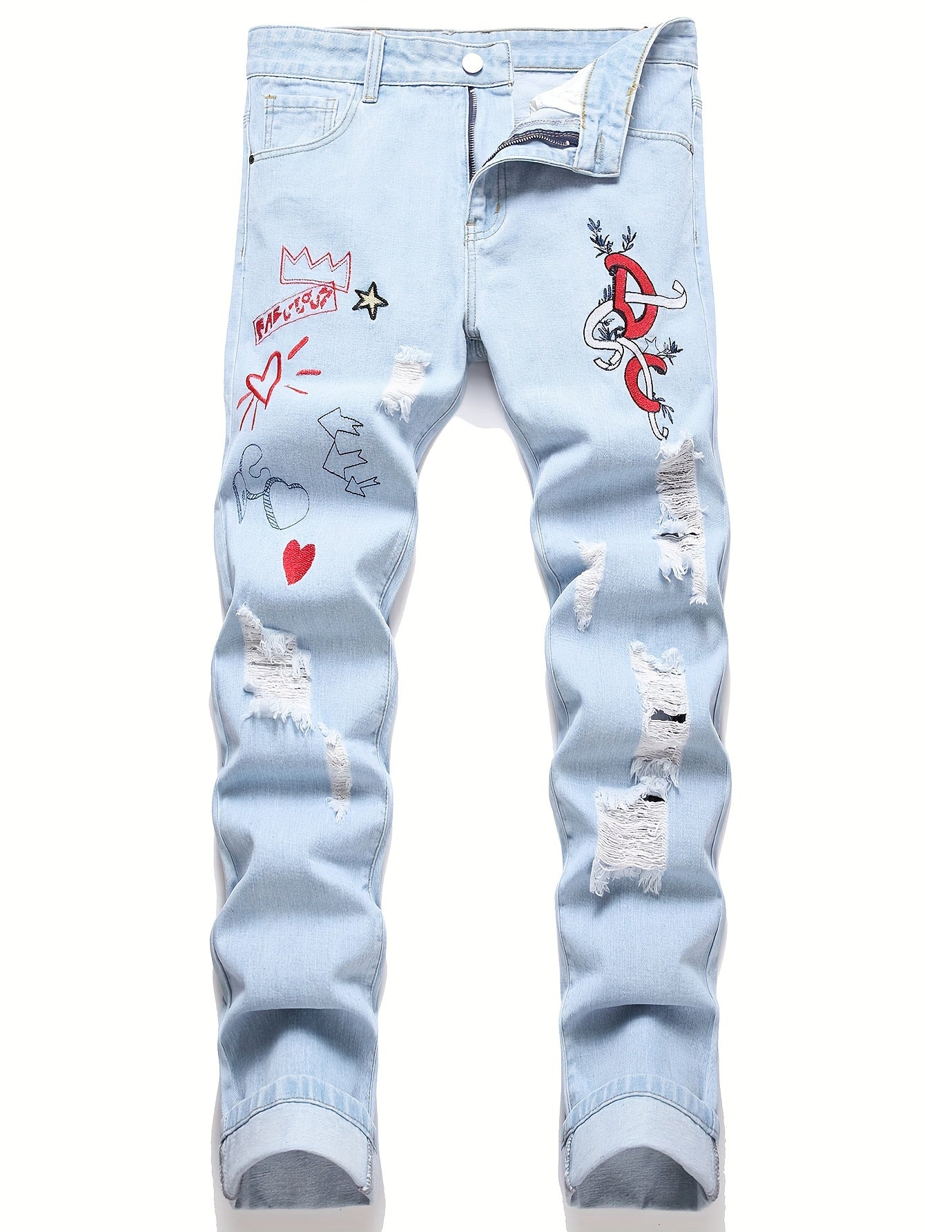 Men Distressed Straight Street Wear Letter&Heart Embroidered Ripped Jeans Casual Slim-fitting Menswear Clothing Denim Men's Pants