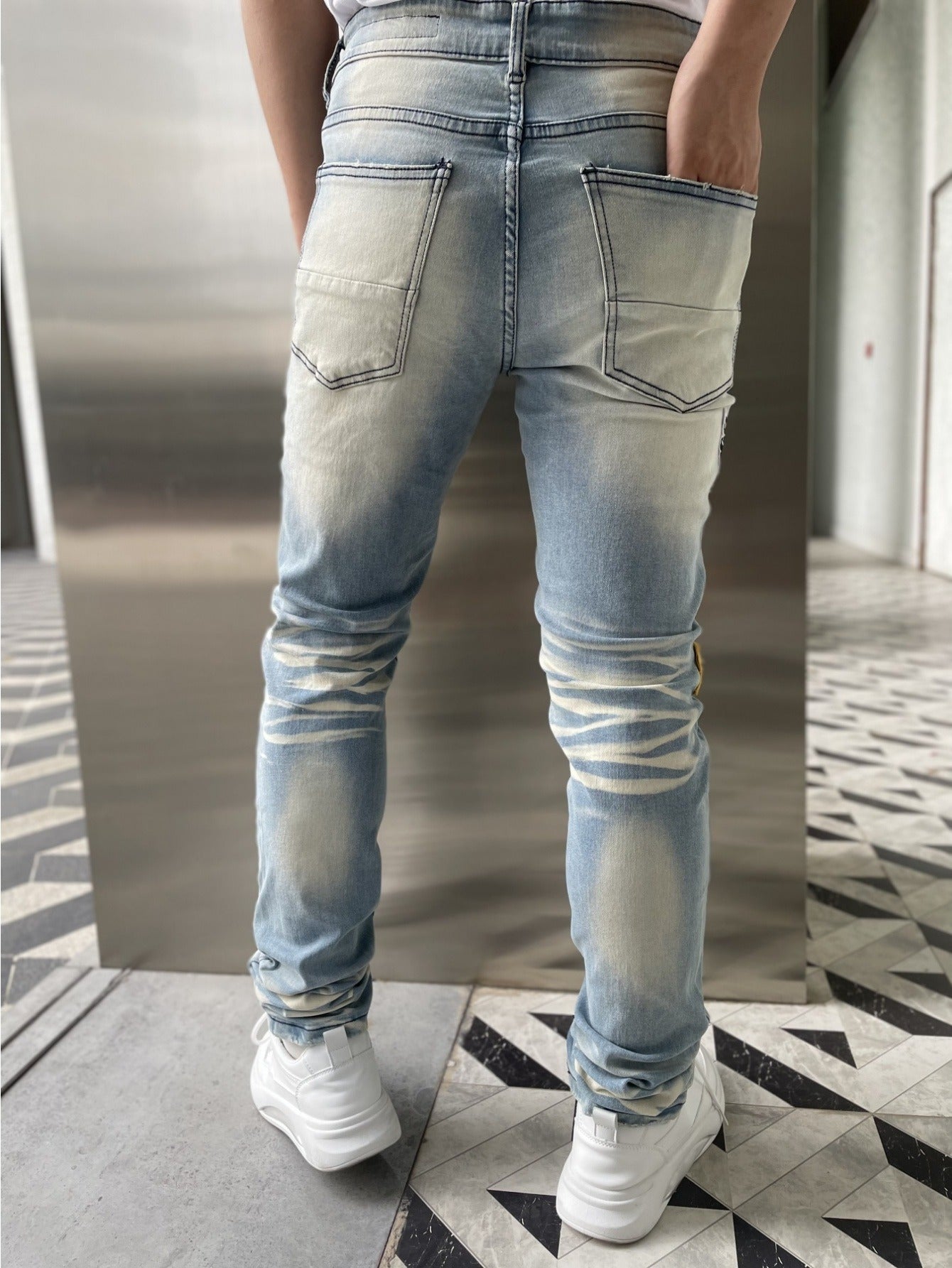 Men's Slim-Fit Stretch Denim Jeans with Embroidered "RELAXED" Badge & Ripped Detailing - Light Blue, All-Season Comfort, Cotton Blend, Slim Fit, Hand Wash or Dry Clean