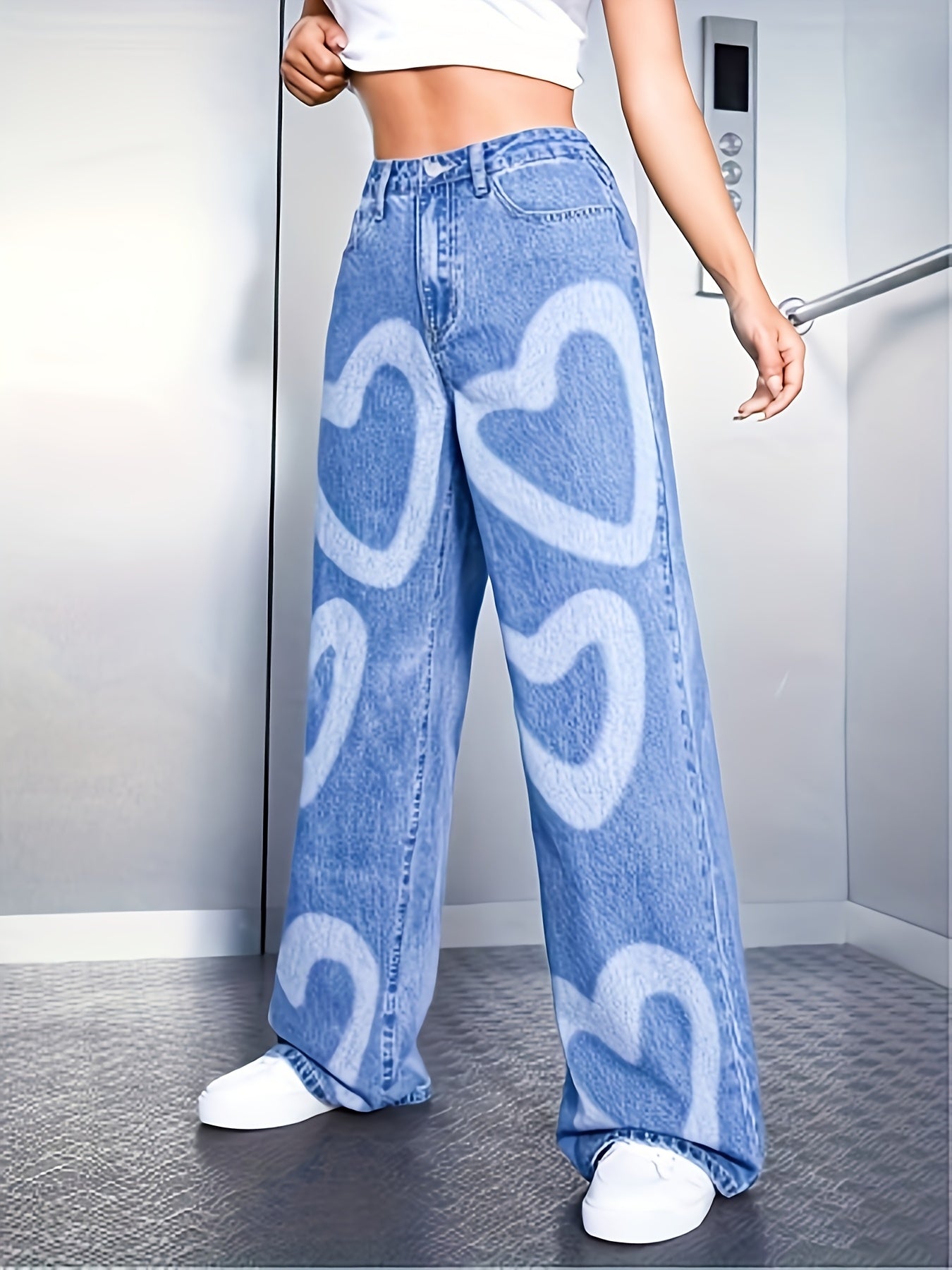 Women's High-Waist Light Blue Heart Print Straight Leg Jeans - Cute Loose Fit Denim, Valentine's Day Gift, Casual & Stylish Design, Casual Denim Wear | Straightleg Style | Nonstretch Fabric