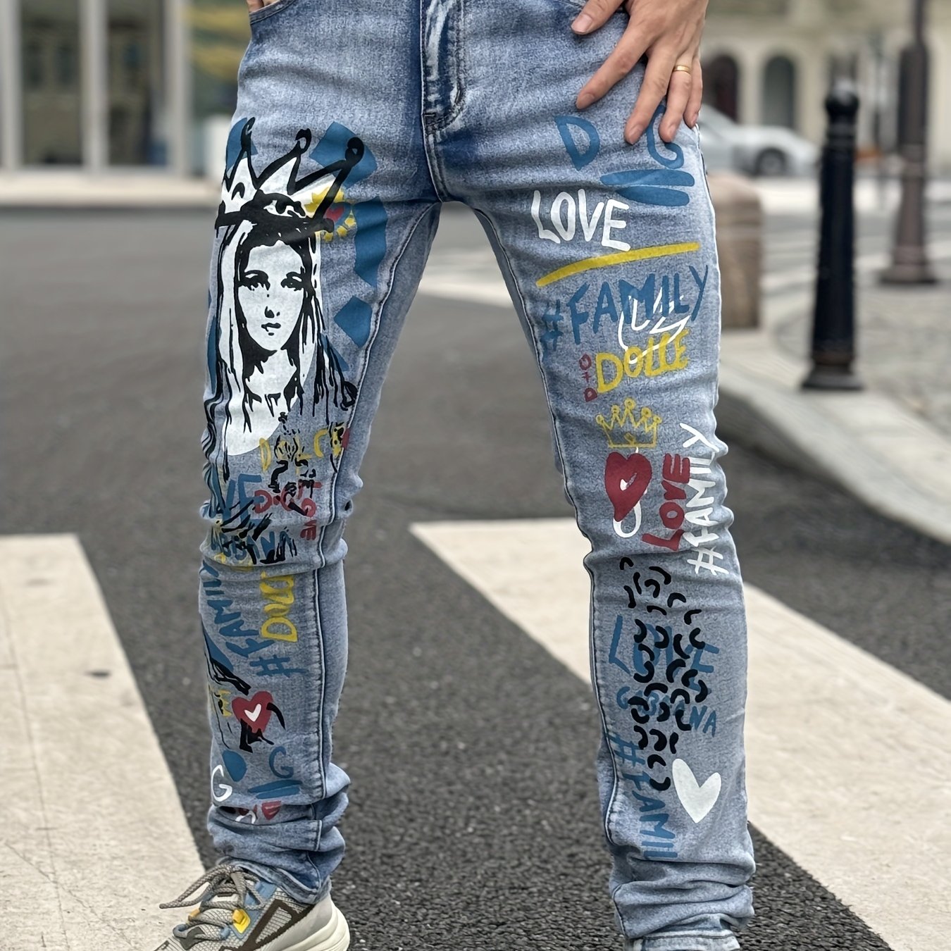 Men's Slim-Fit Stretch Jeans with Skull & Flame Print – Trendy 3D Ripped Denim, Street Style for All Seasons, Distressed Blue Jeans with Bold Black Skull Design, Comfortable Cotton Blend, Perfect for Young Men