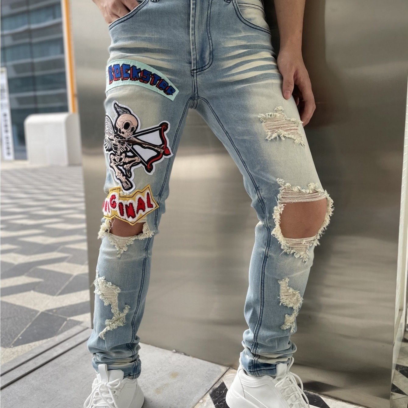 Men's Slim-Fit Stretch Denim Jeans with Embroidered "RELAXED" Badge & Ripped Detailing - Light Blue, All-Season Comfort, Cotton Blend, Slim Fit, Hand Wash or Dry Clean