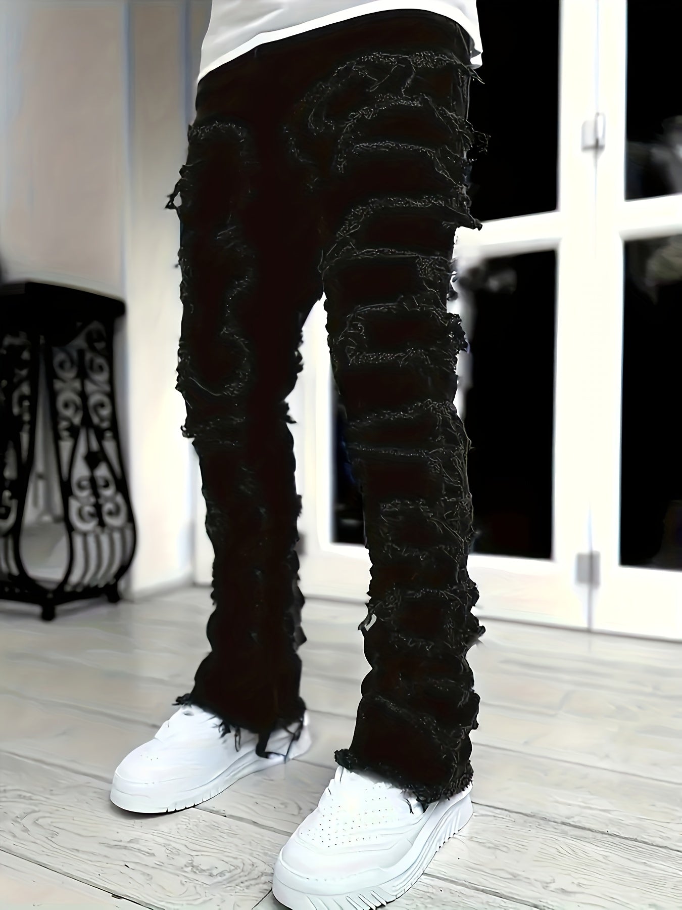Men'S Slim And Slim Creative Tassel Decorated Straight Jeans, Casual Elastic Street Style Hip-hop Skateboarding Rap Jeans For All Seasons.