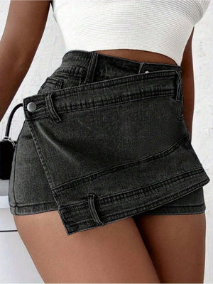 Grunge Punk Street New Vintage Stretchy Overlap Waist Wrap Asymmetric Hem A-Line Skinny Denim Skorts Halloween Clothes Jeans