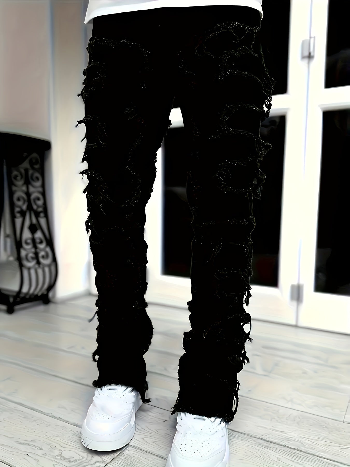 Men'S Slim And Slim Creative Tassel Decorated Straight Jeans, Casual Elastic Street Style Hip-hop Skateboarding Rap Jeans For All Seasons.