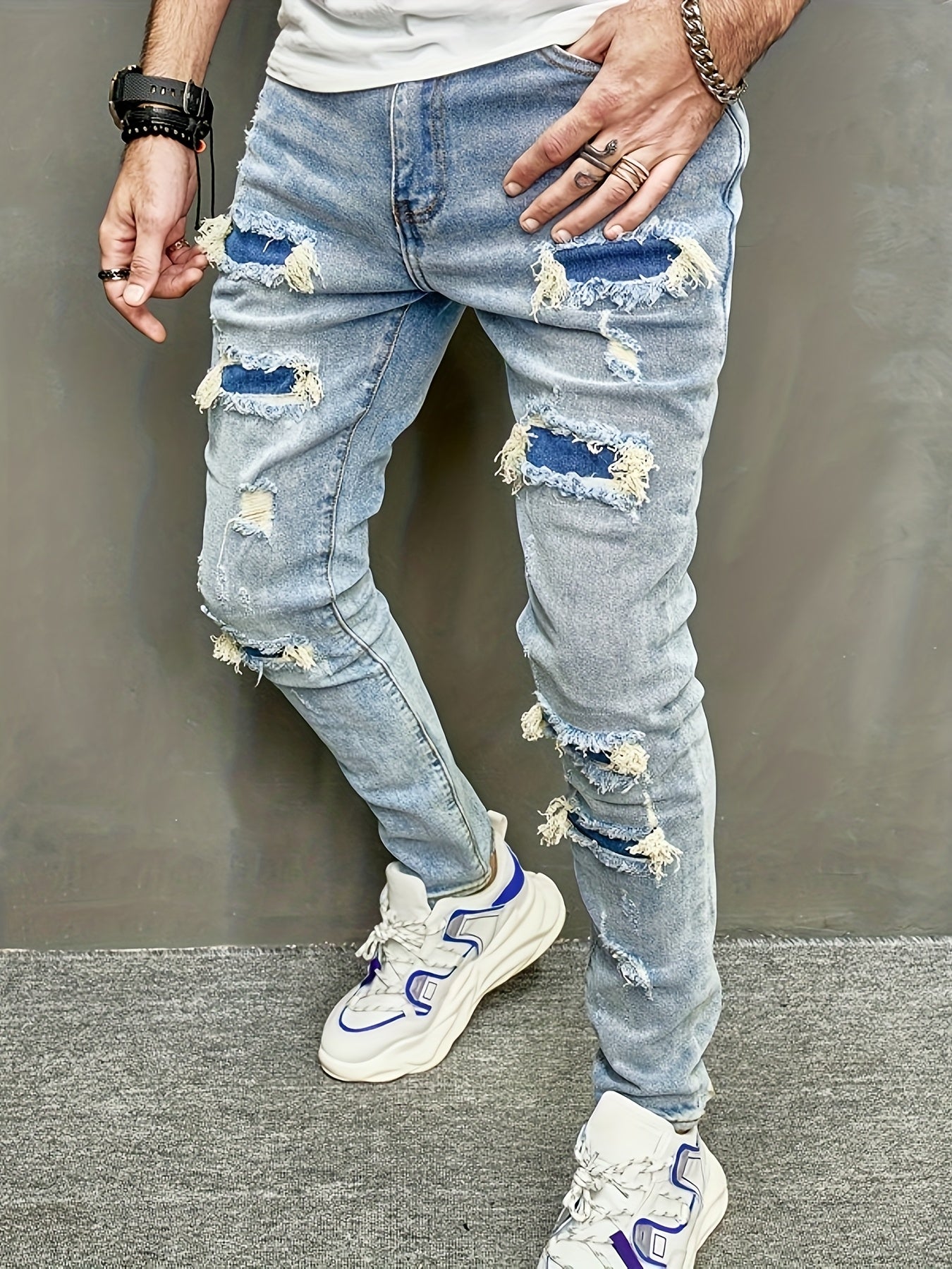 1pc Men'S Skinny Fit Ripped Denim Jeans - Solid Color, Medium Stretch, All-Season, Woven Casual Pants with Raw Wash Detail