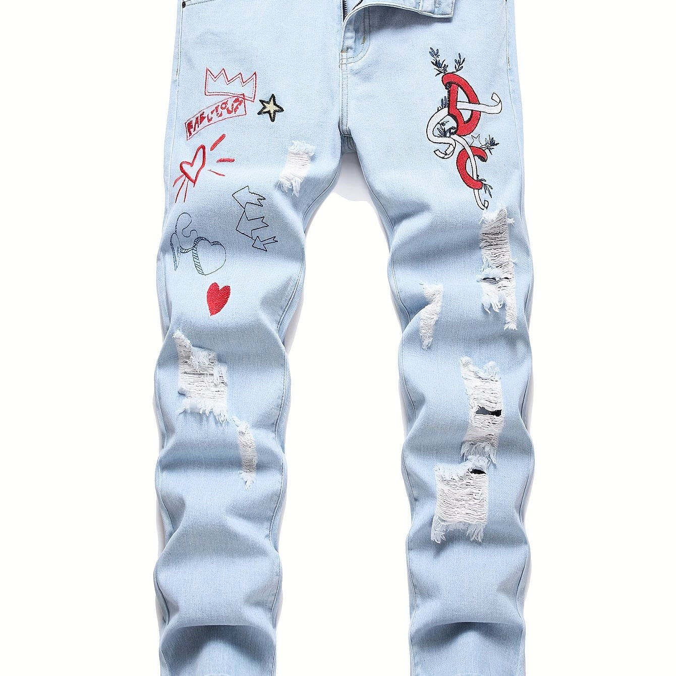 Men Distressed Straight Street Wear Letter&Heart Embroidered Ripped Jeans Casual Slim-fitting Menswear Clothing Denim Men's Pants