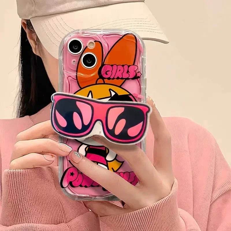 P-Powerpuff Girls Glasses Support Clear Case for iPhone 15 14 11 Pro Max 13 12 Mini XR XS X 8 7 6 6S Plus SE 2020 Silicone Cover