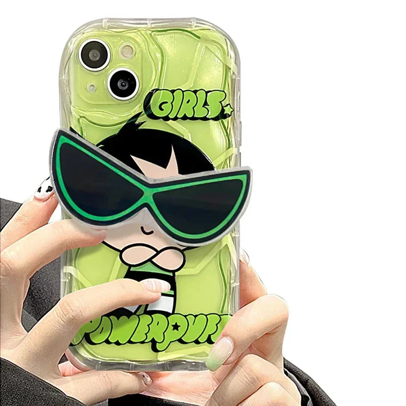 P-Powerpuff Girls Glasses Support Clear Case for iPhone 15 14 11 Pro Max 13 12 Mini XR XS X 8 7 6 6S Plus SE 2020 Silicone Cover