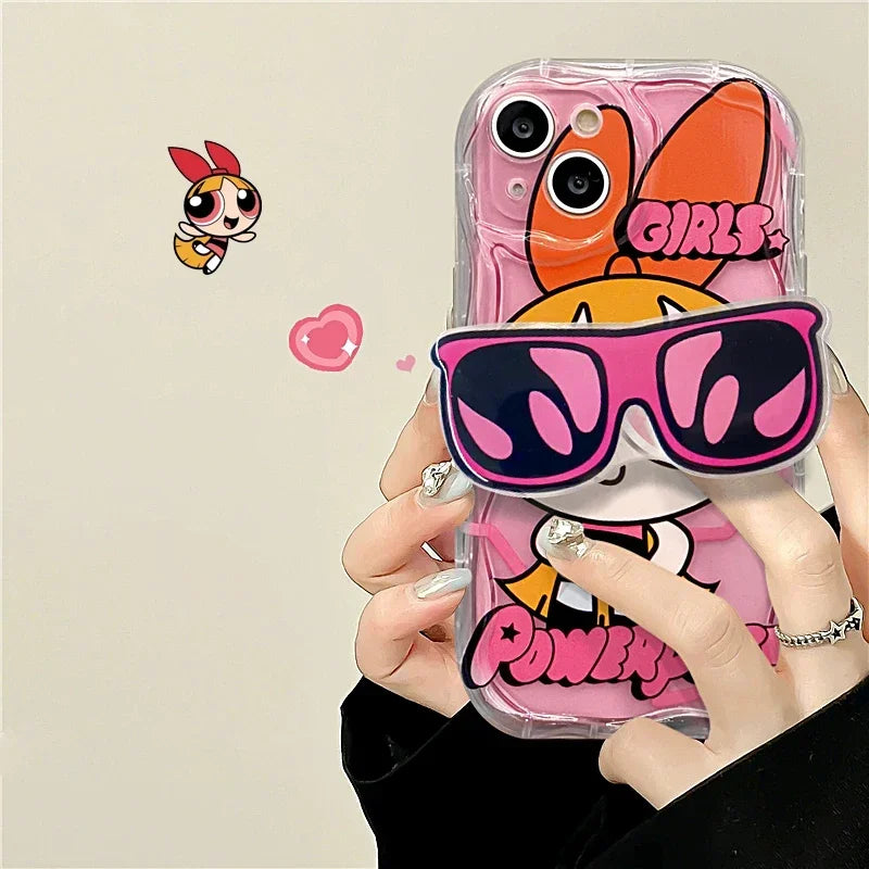 P-Powerpuff Girls Glasses Support Clear Case for iPhone 15 14 11 Pro Max 13 12 Mini XR XS X 8 7 6 6S Plus SE 2020 Silicone Cover