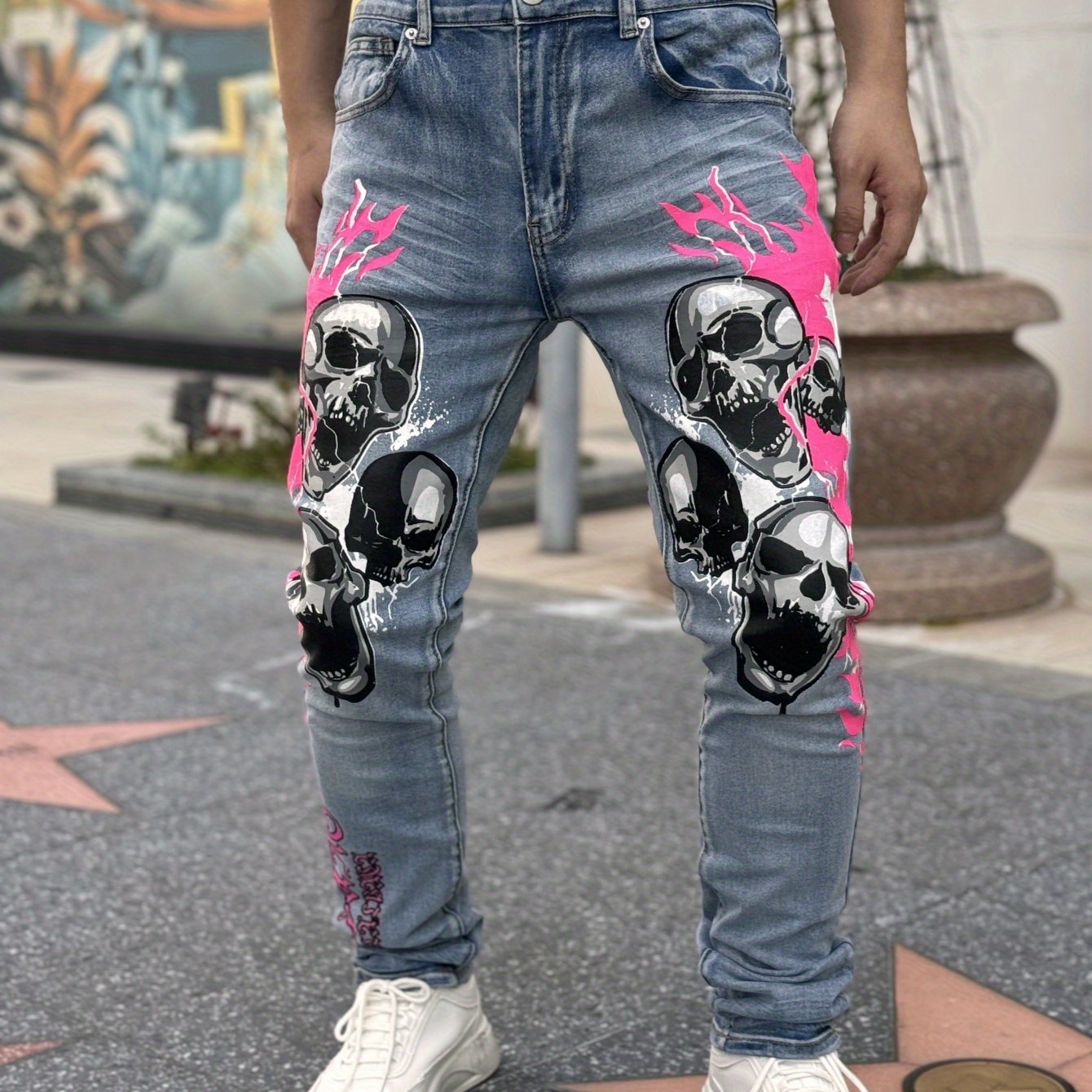 American Men'S Stretch Pants, Fashion Trend Street Style, Ripped Style, Full Skull Flame Print, Trend 3D Crease Wash, Suitable for All Young Men, Suitable for All Seasons