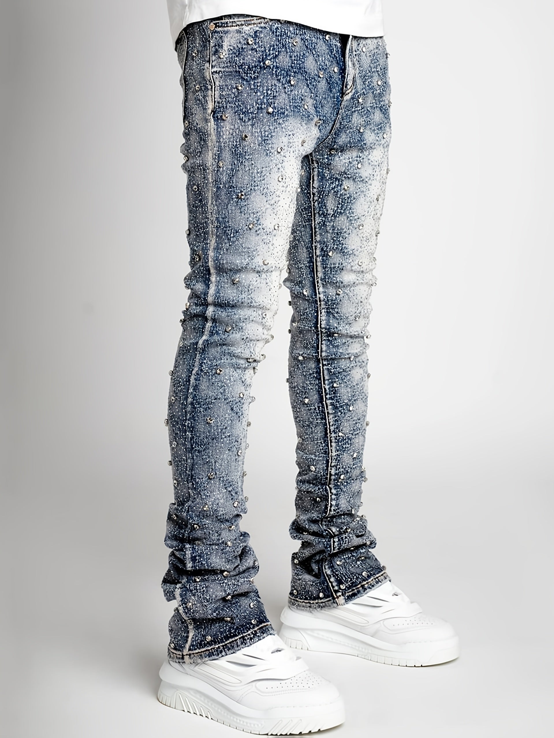 [Tie-Dye Street Style Jeans] Stretch Tie-Dye Jeans - Casual Street Style, Hip-Hop Skateboard Denim, Cotton Blend, Decorative Rivets, All-Season Wear