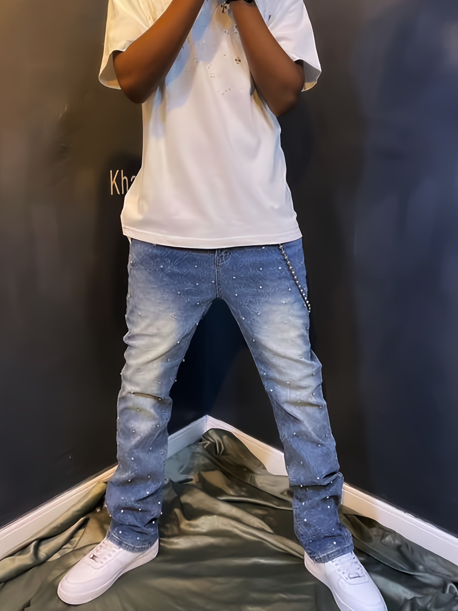 [Tie-Dye Street Style Jeans] Stretch Tie-Dye Jeans - Casual Street Style, Hip-Hop Skateboard Denim, Cotton Blend, Decorative Rivets, All-Season Wear