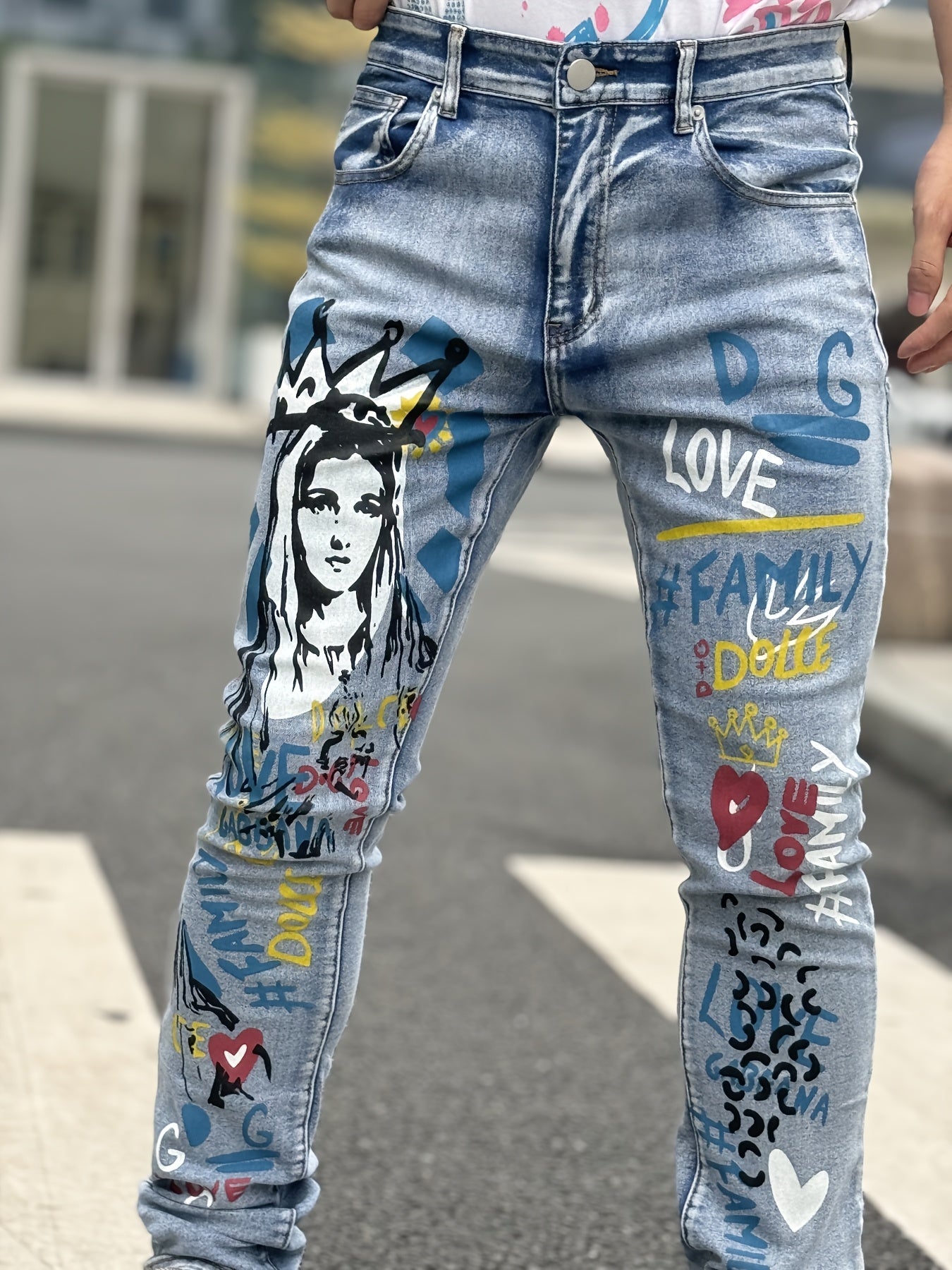 Men's Slim-Fit Stretch Jeans with Skull & Flame Print – Trendy 3D Ripped Denim, Street Style for All Seasons, Distressed Blue Jeans with Bold Black Skull Design, Comfortable Cotton Blend, Perfect for Young Men