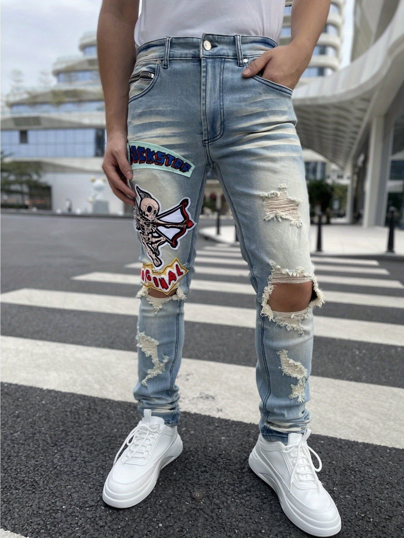 Men's Slim-Fit Stretch Denim Jeans with Embroidered "RELAXED" Badge & Ripped Detailing - Light Blue, All-Season Comfort, Cotton Blend, Slim Fit, Hand Wash or Dry Clean