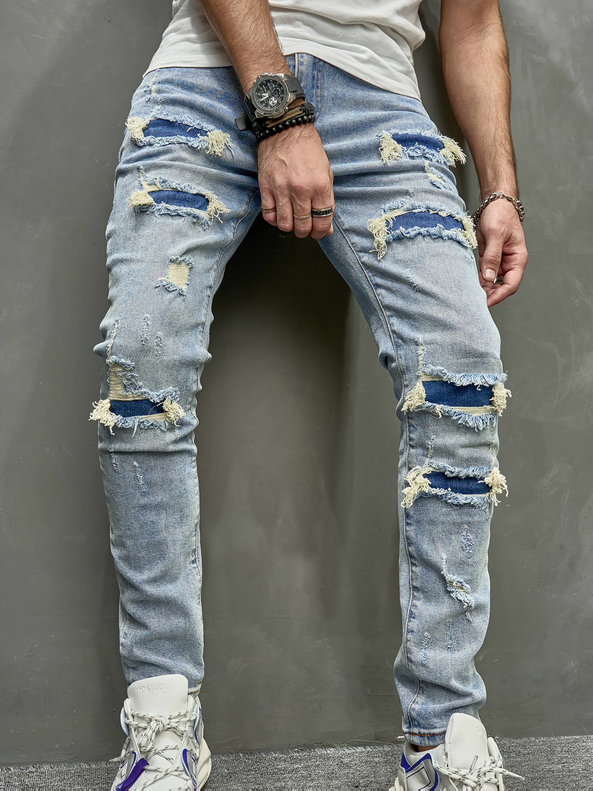 1pc Men'S Skinny Fit Ripped Denim Jeans - Solid Color, Medium Stretch, All-Season, Woven Casual Pants with Raw Wash Detail