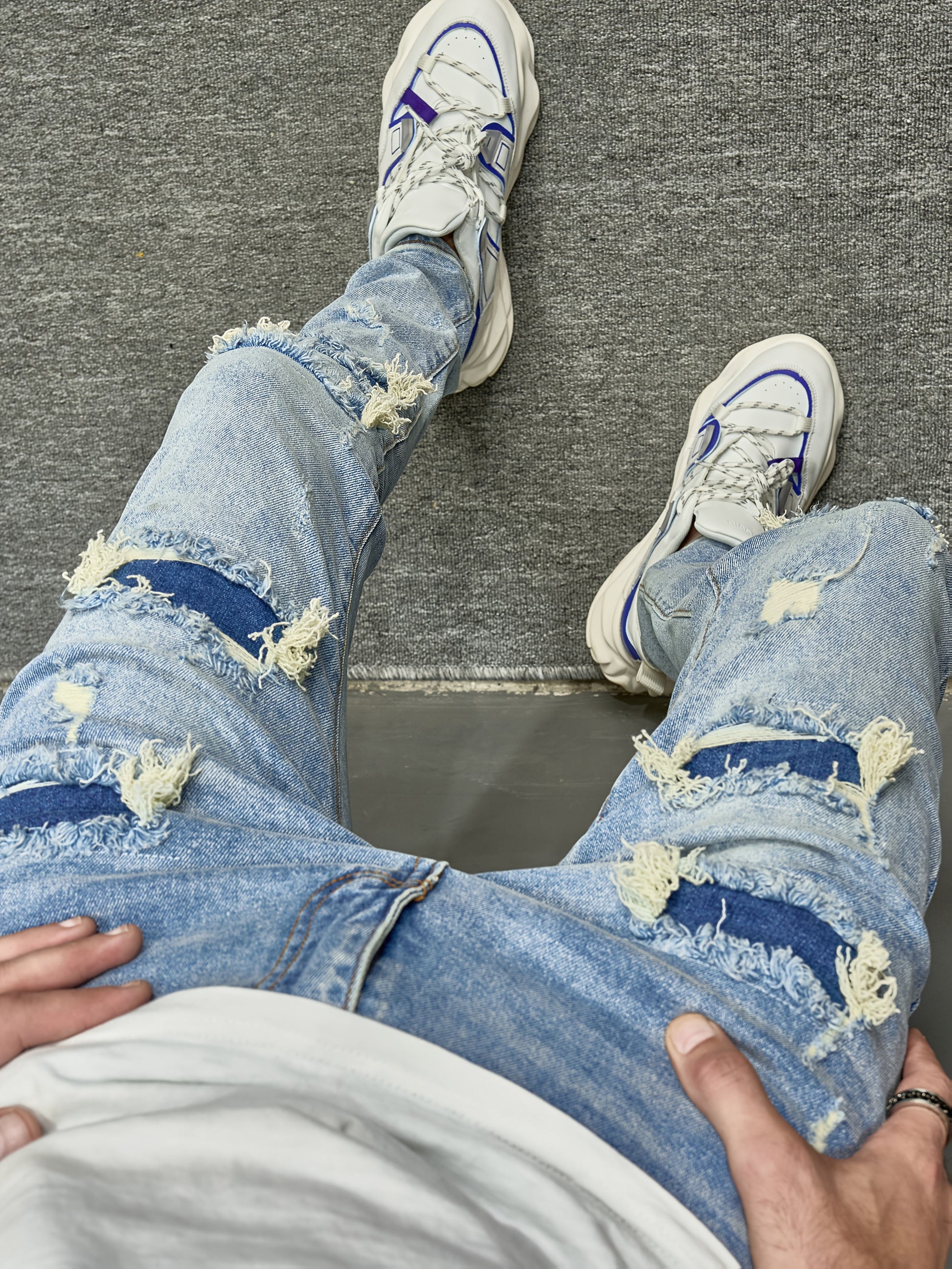 1pc Men'S Skinny Fit Ripped Denim Jeans - Solid Color, Medium Stretch, All-Season, Woven Casual Pants with Raw Wash Detail