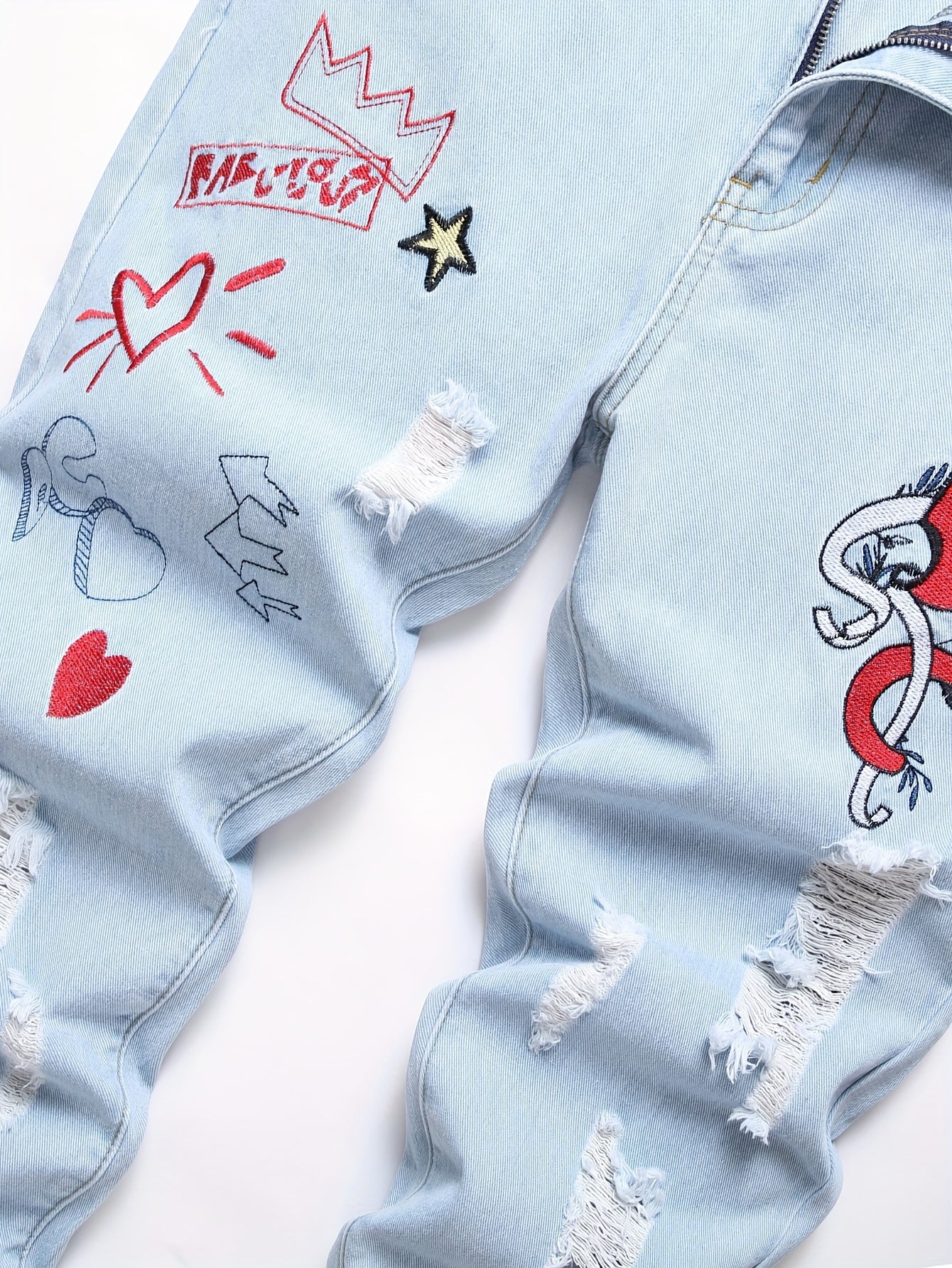 Men Distressed Straight Street Wear Letter&Heart Embroidered Ripped Jeans Casual Slim-fitting Menswear Clothing Denim Men's Pants