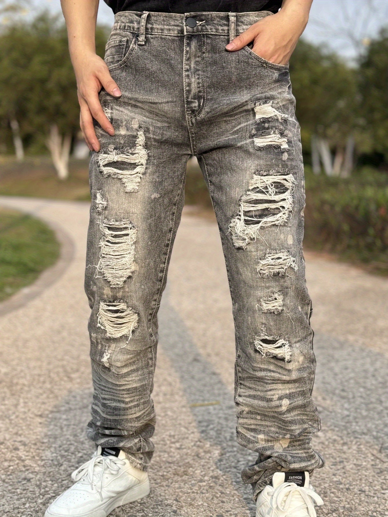 Men's Stretch Slim-Fit Ripped Jeans - Y2K Streetwear Style with 3D Embroidered Cat Beard Detail, Water-Washed Denim & Straight Leg Cut for All-Season Comfort, Casual Streetwear