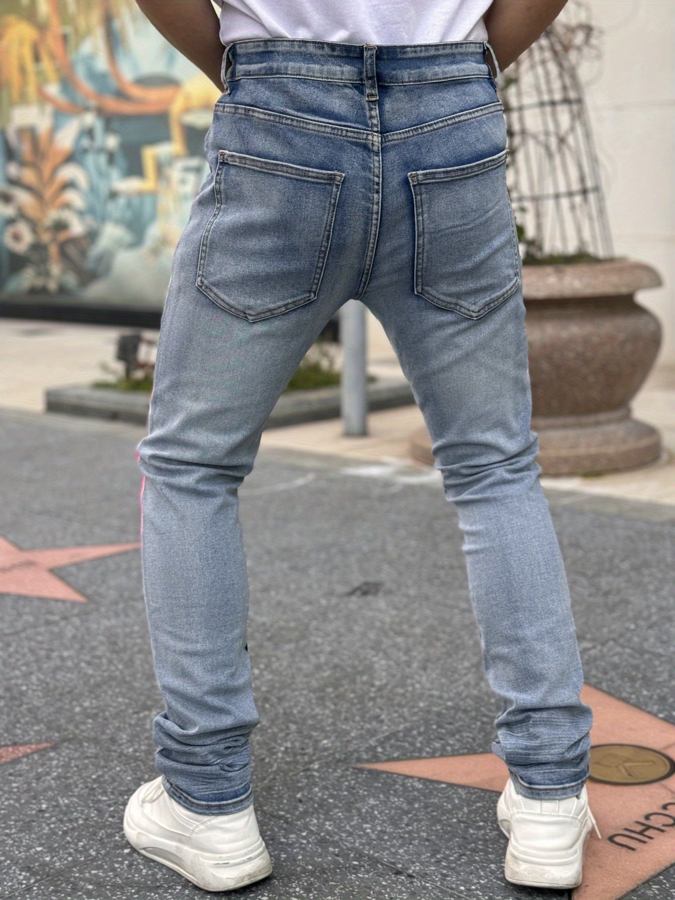 American Men'S Stretch Pants, Fashion Trend Street Style, Ripped Style, Full Skull Flame Print, Trend 3D Crease Wash, Suitable for All Young Men, Suitable for All Seasons