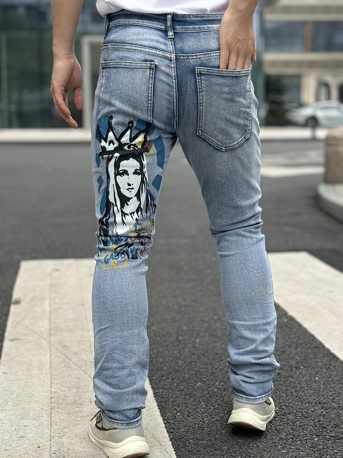 Men's Slim-Fit Stretch Jeans with Skull & Flame Print – Trendy 3D Ripped Denim, Street Style for All Seasons, Distressed Blue Jeans with Bold Black Skull Design, Comfortable Cotton Blend, Perfect for Young Men