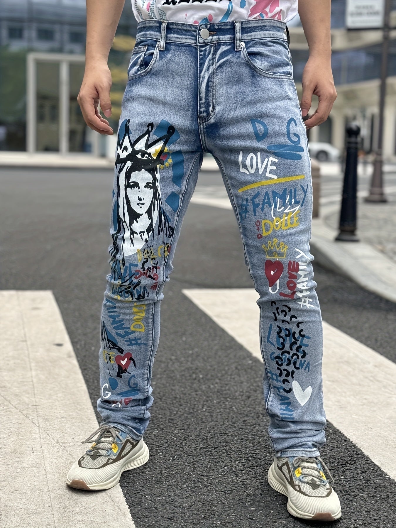 Men's Slim-Fit Stretch Jeans with Skull & Flame Print – Trendy 3D Ripped Denim, Street Style for All Seasons, Distressed Blue Jeans with Bold Black Skull Design, Comfortable Cotton Blend, Perfect for Young Men